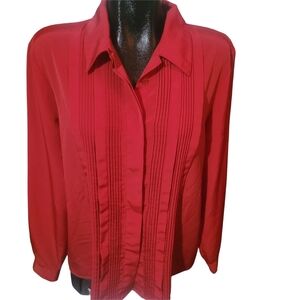 Lindor Red Vintage 90's Pin-Tuck Pleated Front Button-Up Blouse Size L